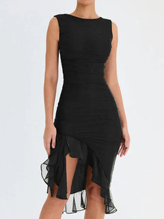 Susannah - Ruched Ruffle Hem Midi — Black