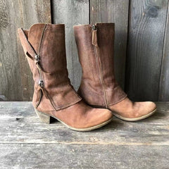 Pauline - Distressed Mid Calf Boots — Brown