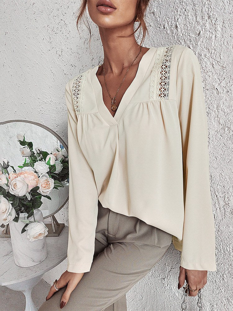 Jacqueline - V Neck Blouse with Lace Trim