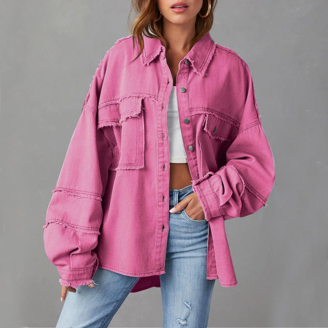 Ella - Distressed Denim Shacket — Hot Pink