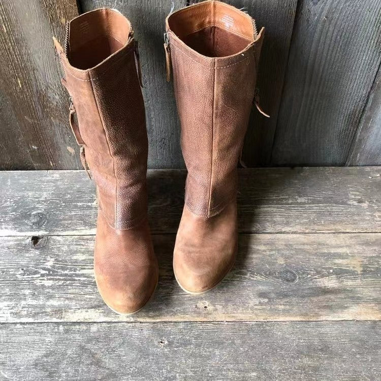 Pauline - Distressed Mid Calf Boots