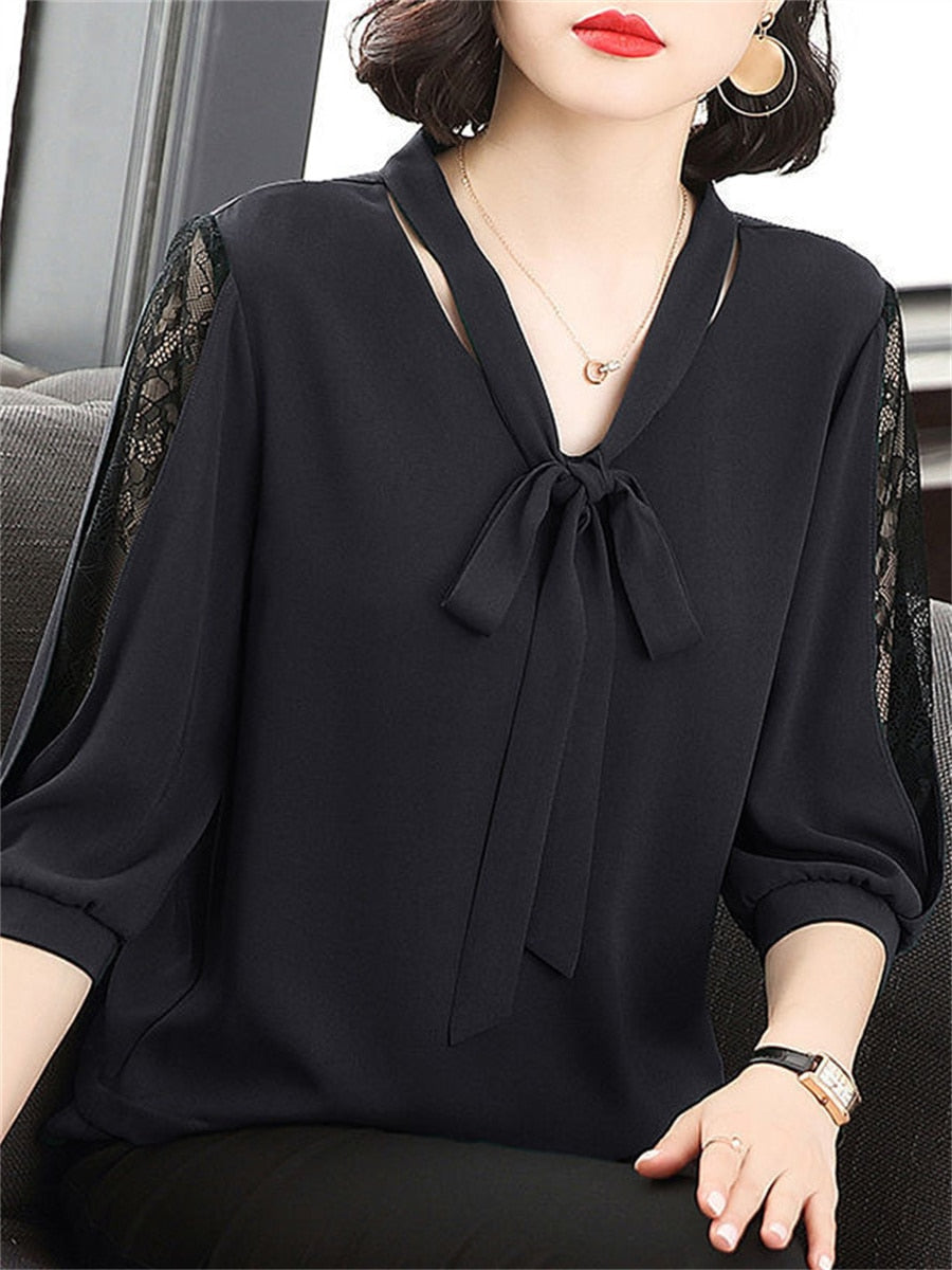 Lily - Bow Blouse with Lace Sleeves — Black