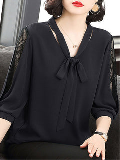 Lily - Bow Blouse with Lace Sleeves — Black
