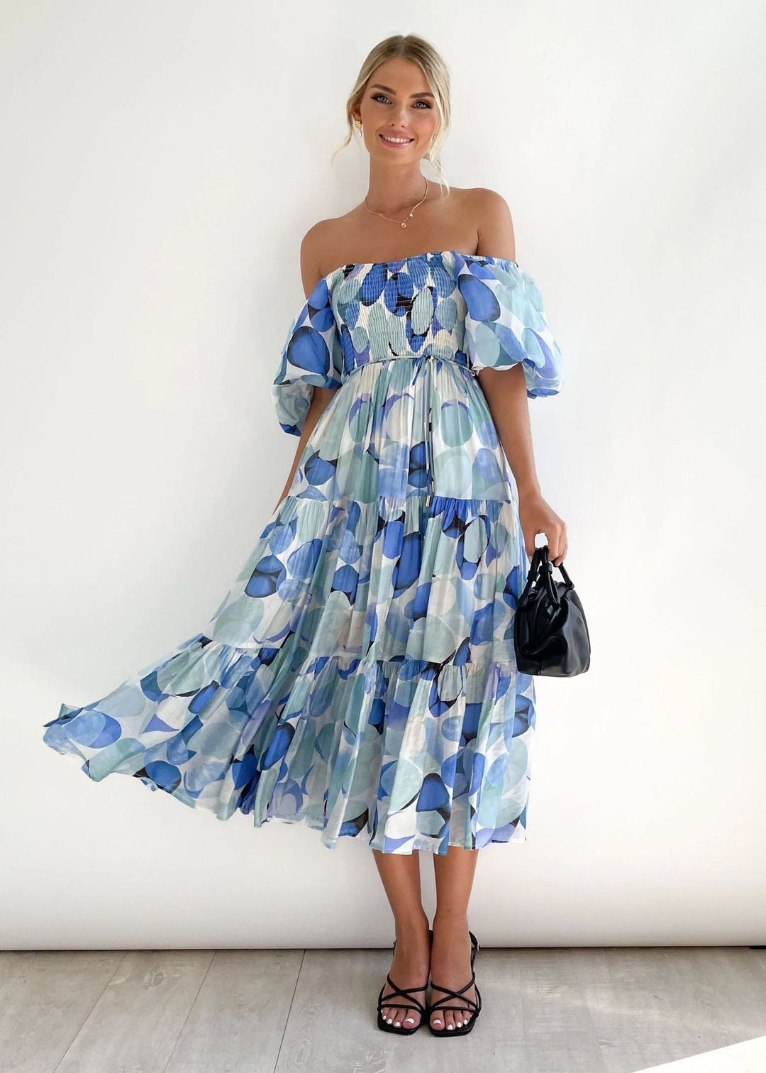 Prudence - Floral Off Shoulder Midi — Blue