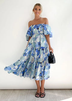 Prudence - Floral Off Shoulder Midi — Blue
