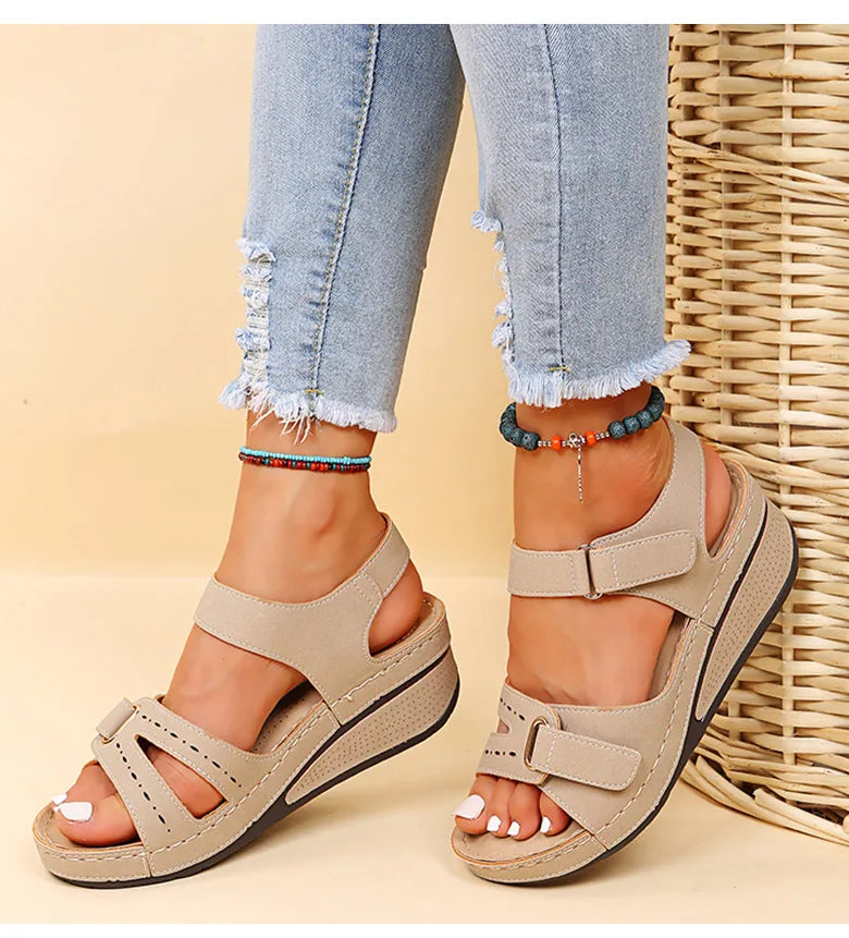 Evangeline - Velcro Wedge Comfort Sandals — Beige