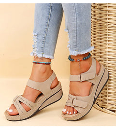 Evangeline - Velcro Wedge Comfort Sandals — Beige