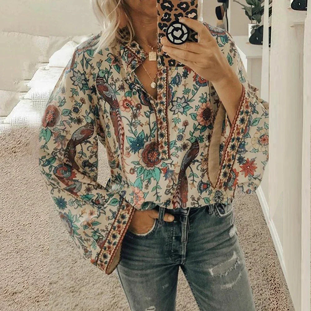 Cynthia - Floral Print Boho Blouse — Brown