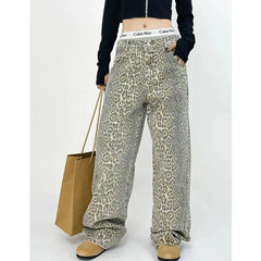 Mackenzie - Leopard Print Wide Jeans — White