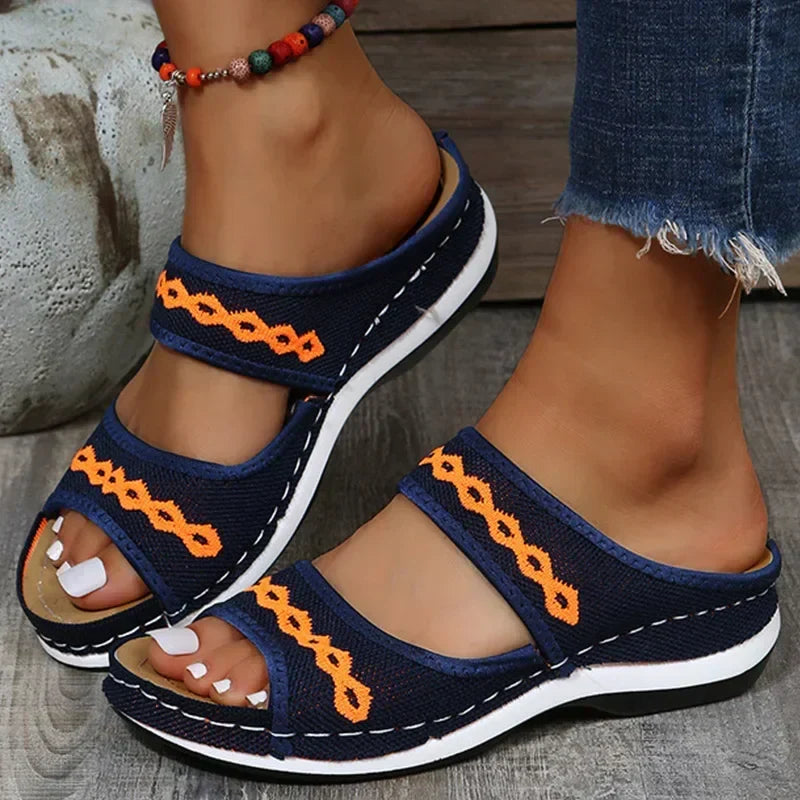 Wilhelmina - Embroidered Platform Slides — Blue