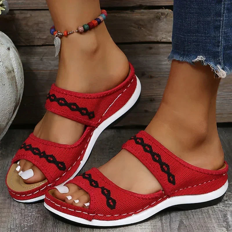 Wilhelmina - Embroidered Platform Slides — Red