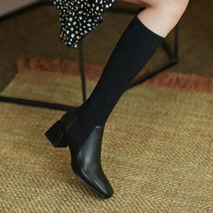 Veronica - Knit Sock Boots with Block Heel — Black