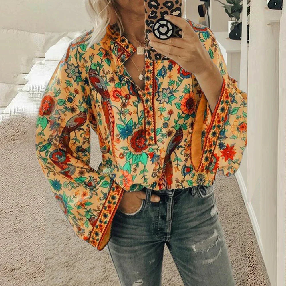 Cynthia - Floral Print Boho Blouse — Orange