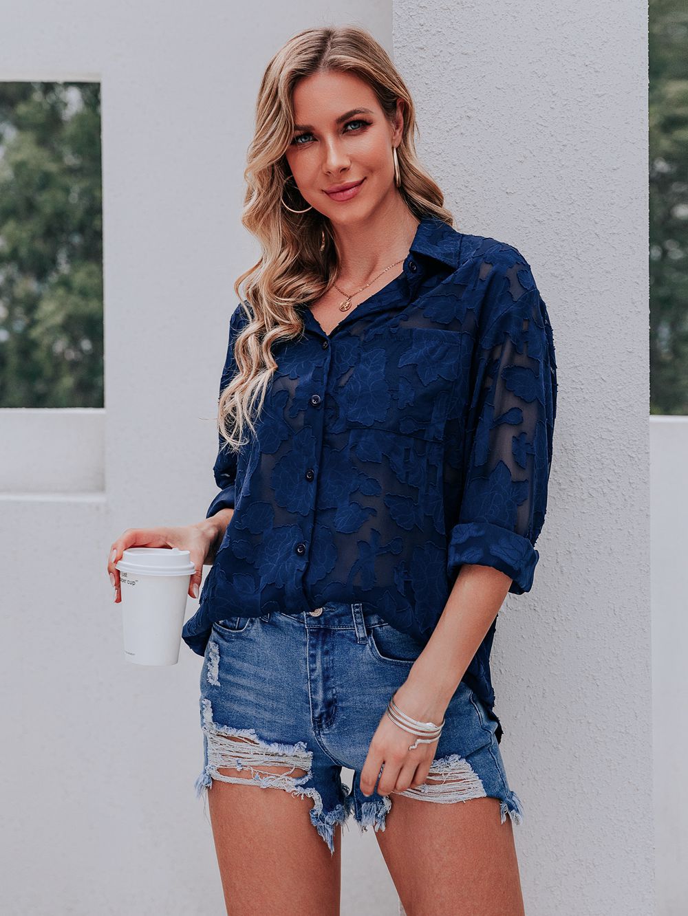Rosalind - Navy Textured Blouse