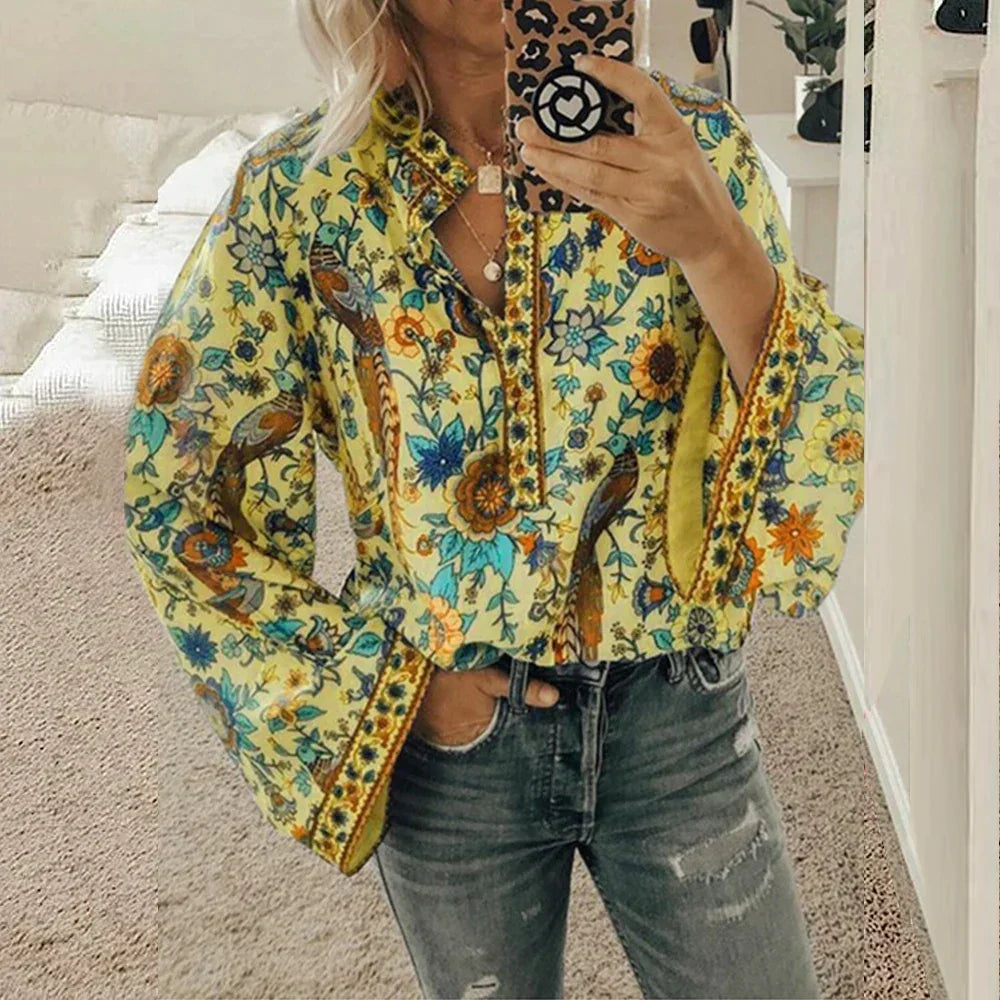 Cynthia - Floral Print Boho Blouse — Yellow