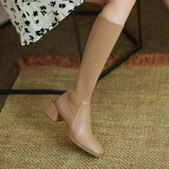 Veronica - Knit Sock Boots with Block Heel — Beige