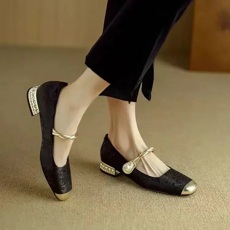Frieda - Velvet Pearl Strap Flats