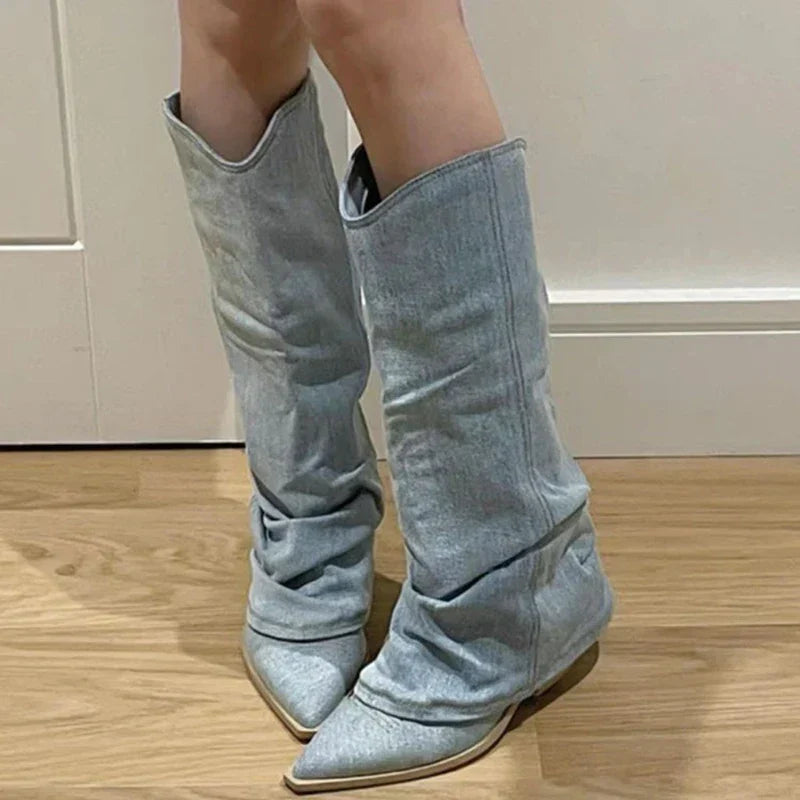 Stacey - Denim Knee High Boots — Light blue