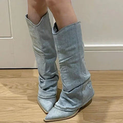 Stacey - Denim Knee High Boots — Light blue