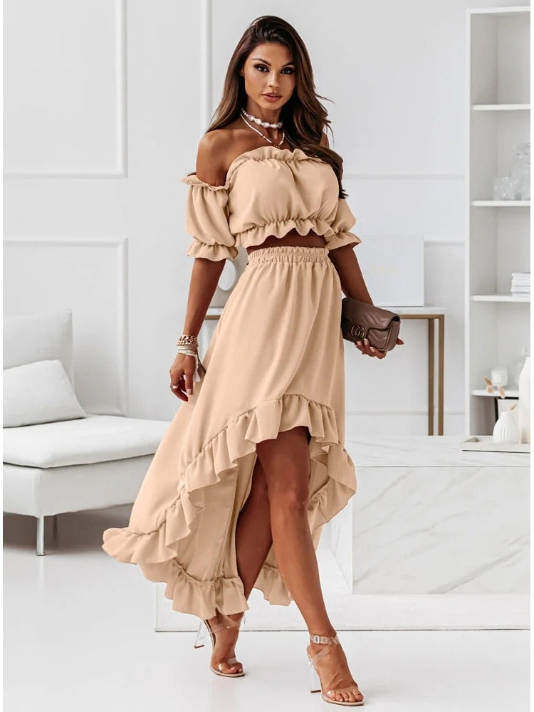 Georgia - Off Shoulder Ruffle Two Piece — Camel