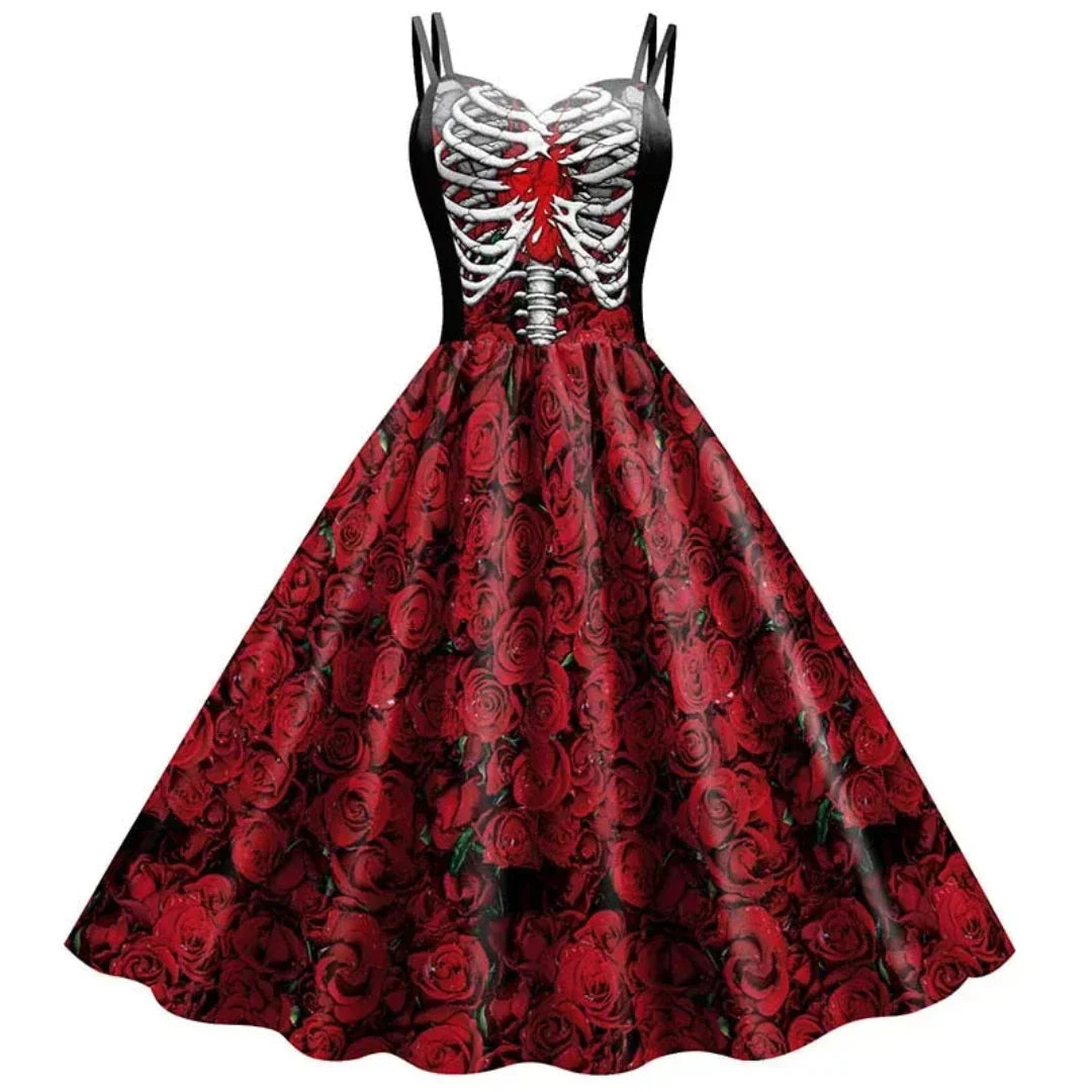 Christina - Skeleton Print Swing Dress — Red