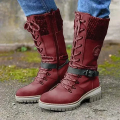 Ava - Knit Panel Lace up Boots — Red