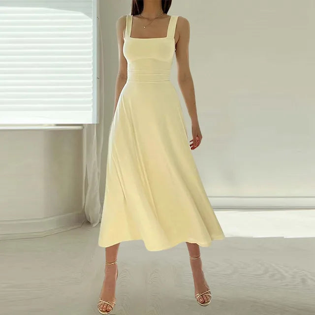 Matilde - Square Neck Midi Dress — Beige
