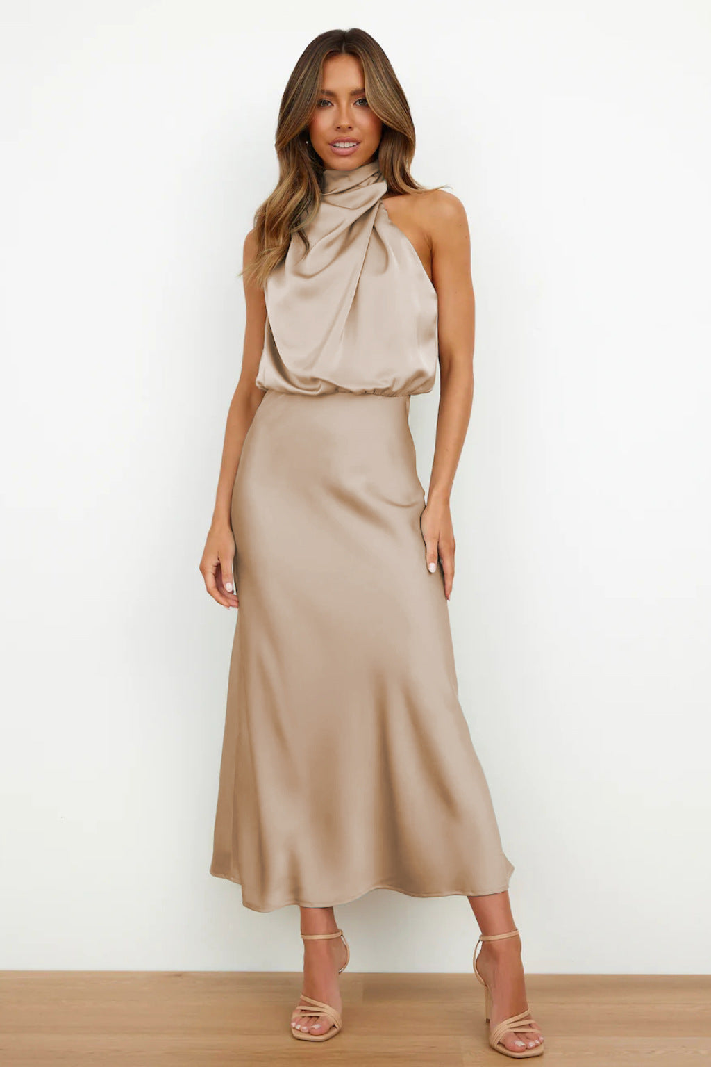Rosa - Satin Halter Slip Maxi — Champagne