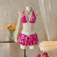 Samantha - Tropical Ruffle Bikini Set — Pink Background with White Flowers