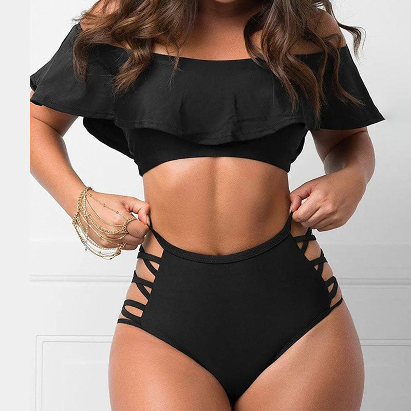Adrienne - Ruffle Off Shoulder Bikini — Black