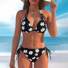 Susannah - Floral Print Halter Bikini — White Floral Pattern on a Black Background