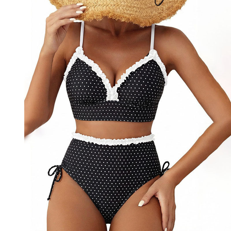 Therese - Striped Ruffle Bikini Set — Black