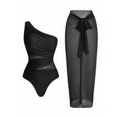 Virginia - One Shoulder Bikini with Sarong — Black