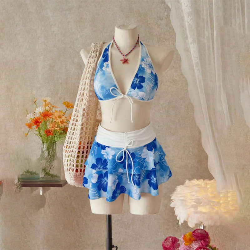 Samantha - Tropical Ruffle Bikini Set — Blue Background with Blue Flowers