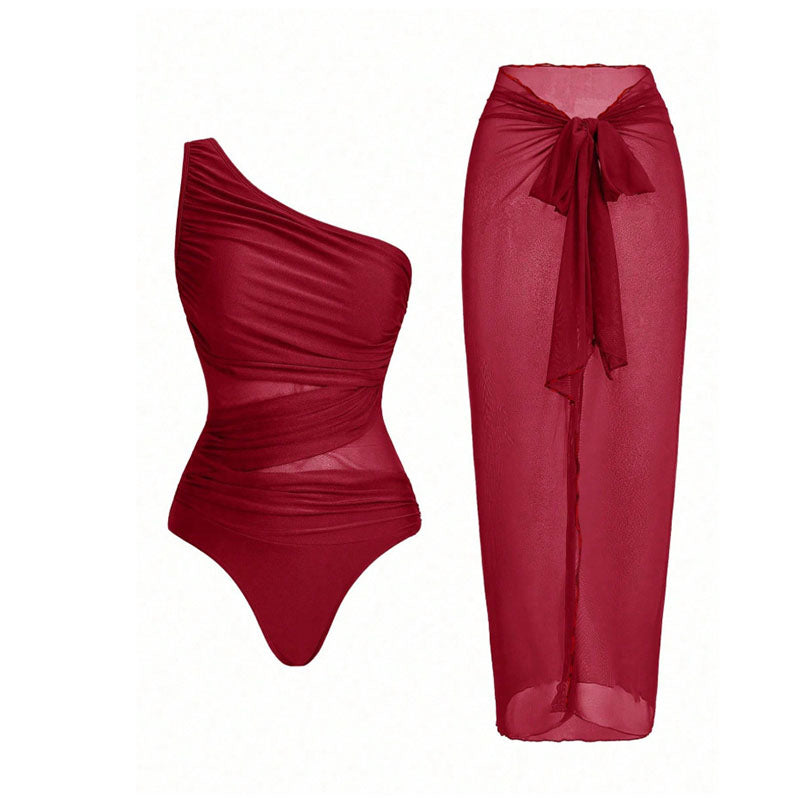 Virginia - One Shoulder Bikini with Sarong — Bright Red