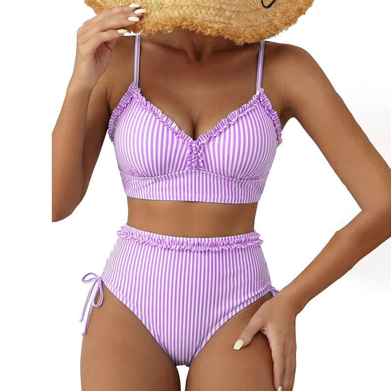 Therese - Striped Ruffle Bikini Set — Purple