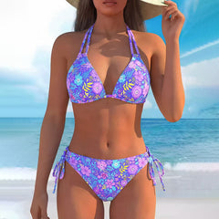 Susannah - Floral Print Halter Bikini — Purple Floral Print