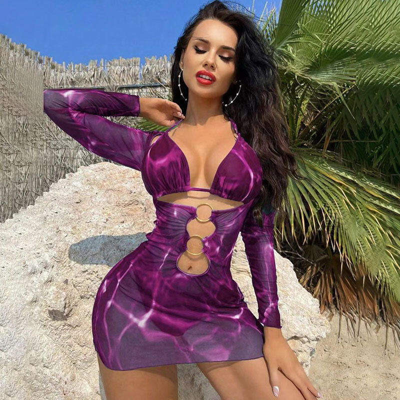 Caroline - Tie Dye Cutout Swim Dress — Purple Stripes