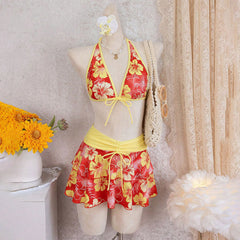 Samantha - Tropical Ruffle Bikini Set — Red Background with Yellow Flowers