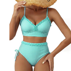 Therese - Striped Ruffle Bikini Set — Green