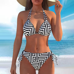 Susannah - Floral Print Halter Bikini — Black-and-white Maze Grid