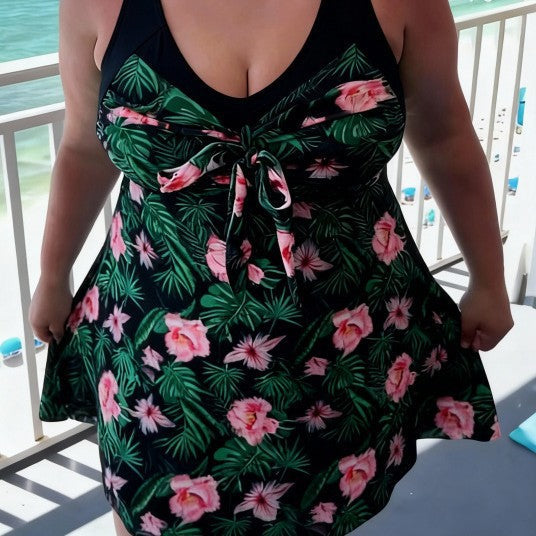 Anwen - Tropical Print Swim Dress — Black