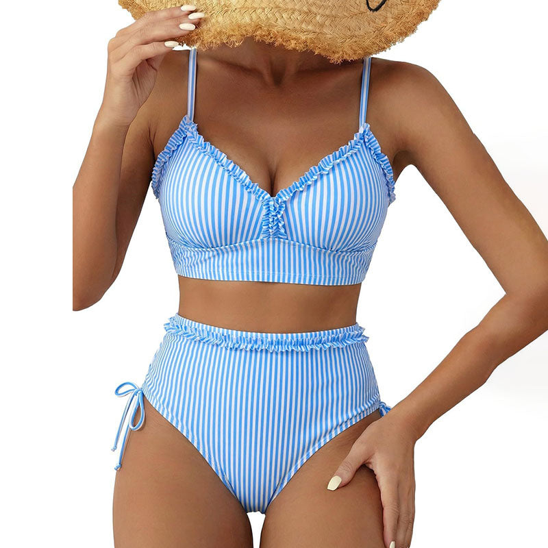 Therese - Striped Ruffle Bikini Set — Blue