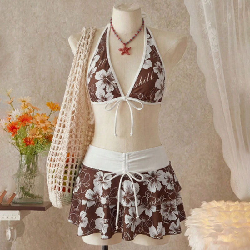 Samantha - Tropical Ruffle Bikini Set — Brown Background with White Flowers