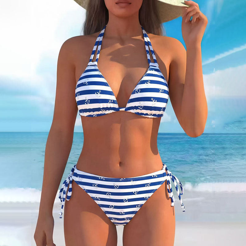 Susannah - Floral Print Halter Bikini — Blue and White Striped Print