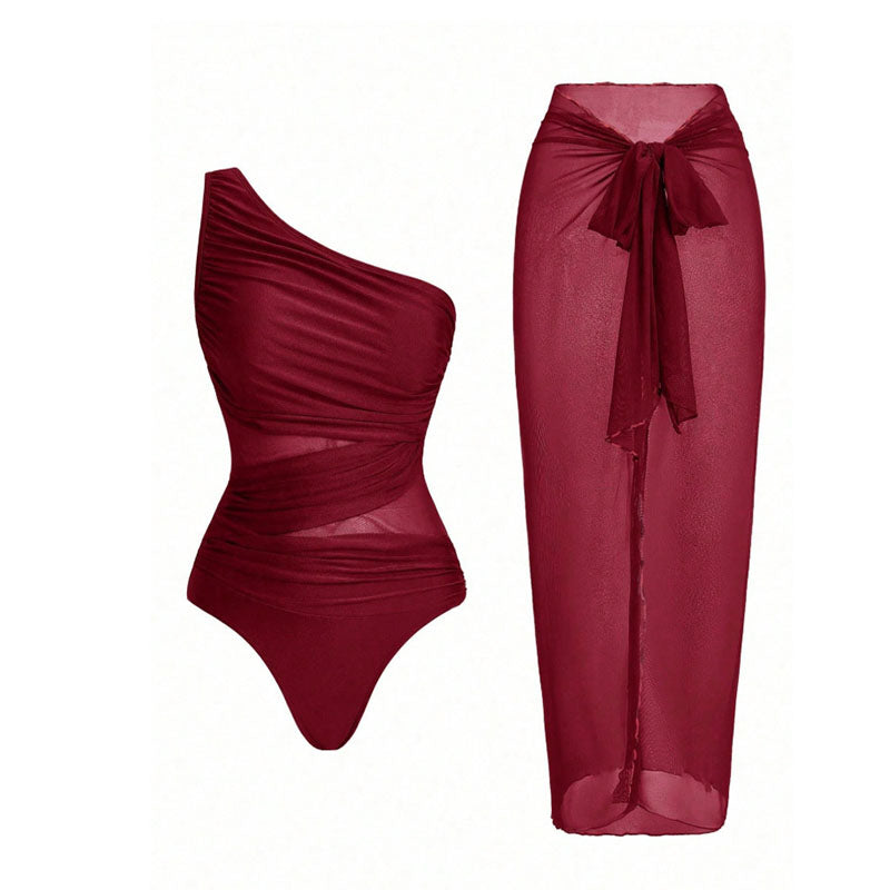 Virginia - One Shoulder Bikini with Sarong — Brick Red