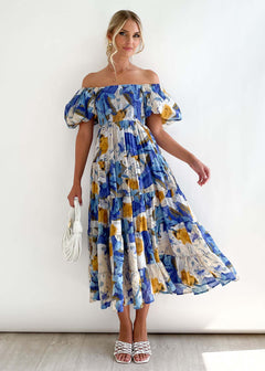 Prudence - Floral Off Shoulder Midi — Dark blue
