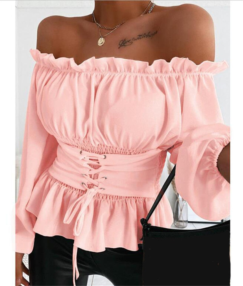 Miriam - Off Shoulder Peplum Top — Light pink