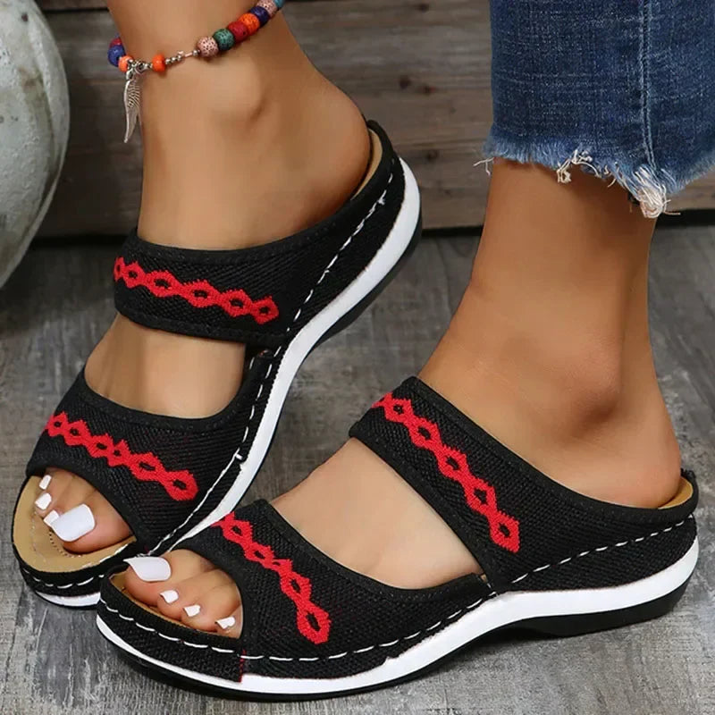 Wilhelmina - Embroidered Platform Slides — Black