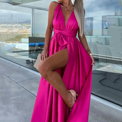 Virginia - Pink Satin Maxi Dress with Slit